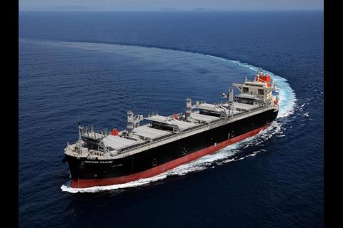 Delivered by Oshima last year, Southern Treasure hauls woodchips for Hokuetsu’s paper mills in Japan. (Photo credit: JSEA).